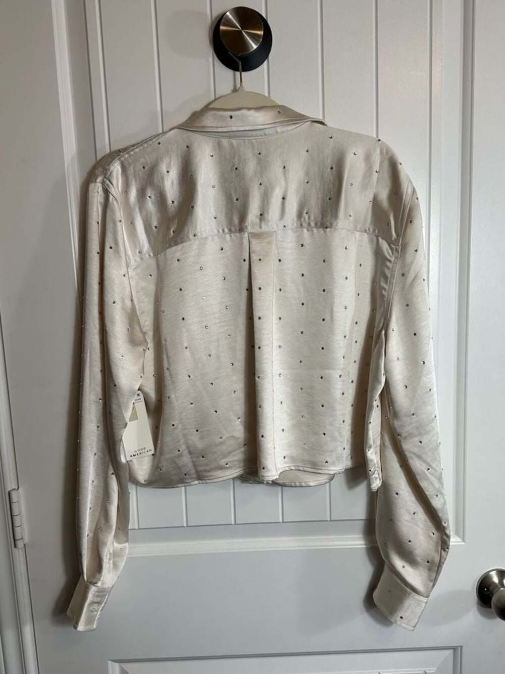 Good American Crystal Embellished Cropped Satin Shirt Cloud White Large - Picture 5 of 12